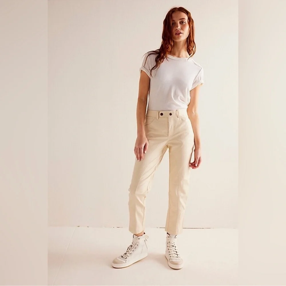 Free People We The Free Rebel Vegan Faux Leather Moto Pants Ivory‎ Cream Size 10